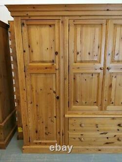 Large Solid Pine 4 Door Wardrobe, Drawers Full Hanging Sections FREE DELIVERY