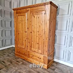 Large Solid Pine Wooden Double Wardrobe & Drawers Country Vintage Farmhouse