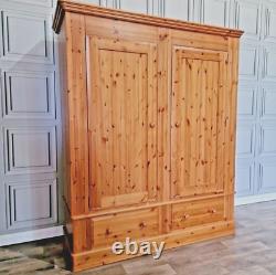 Large Solid Pine Wooden Double Wardrobe & Drawers Country Vintage Farmhouse