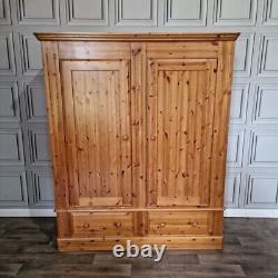 Large Solid Pine Wooden Double Wardrobe & Drawers Country Vintage Farmhouse