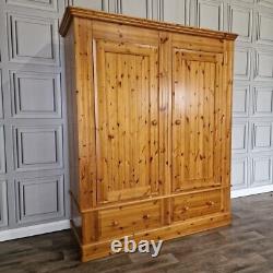 Large Solid Pine Wooden Double Wardrobe & Drawers Country Vintage Farmhouse