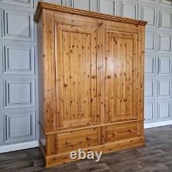 Large Solid Pine Wooden Double Wardrobe & Drawers Country Vintage Farmhouse