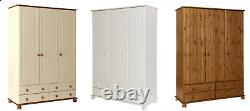 Large Solid Wood/3 Door Triple Combi Bedroom Wardrobe/4 Drawers/Pine/White/Cream