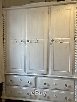 Large Solid Wooden Detailed 3 Door, 4 Drawer Painted White Wardrobe