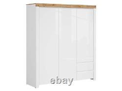 Large Triple Wardrobe 3 Door 2 Drawer White High Gloss Soft Close Storage Holten