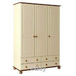 Large Triple Wide Wardrobe Cream and Pine, 3 Door 4 Drawer, Traditional Style