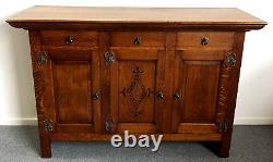 Large Vintage Carved Oak Sideboard Metal Handles Lockable Heavy Dovetail Joints