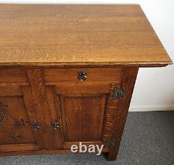 Large Vintage Carved Oak Sideboard Metal Handles Lockable Heavy Dovetail Joints