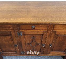 Large Vintage Carved Oak Sideboard Metal Handles Lockable Heavy Dovetail Joints