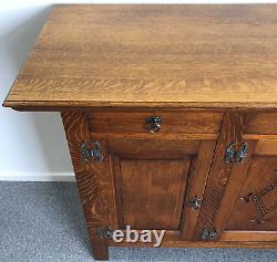 Large Vintage Carved Oak Sideboard Metal Handles Lockable Heavy Dovetail Joints