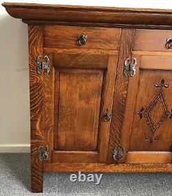 Large Vintage Carved Oak Sideboard Metal Handles Lockable Heavy Dovetail Joints