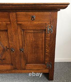 Large Vintage Carved Oak Sideboard Metal Handles Lockable Heavy Dovetail Joints