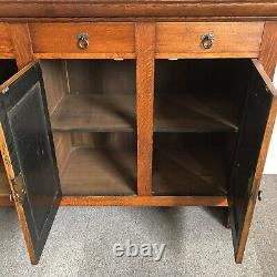 Large Vintage Carved Oak Sideboard Metal Handles Lockable Heavy Dovetail Joints