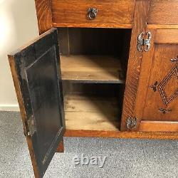 Large Vintage Carved Oak Sideboard Metal Handles Lockable Heavy Dovetail Joints