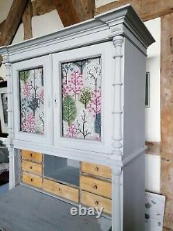 Large Vintage Painted Cupboard, Multiple Shelves & Drawers Glass Doors Desk