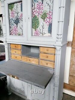 Large Vintage Painted Cupboard, Multiple Shelves & Drawers Glass Doors Desk