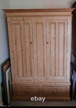 Large Vintage Solid Pine Double Wardrobe With Hanging Rail And 2 Drawers