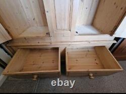 Large Vintage Solid Pine Double Wardrobe With Hanging Rail And 2 Drawers