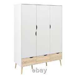 Large Wardrobe White & Oak, 3 Doors & 3 Drawers, Modern Bedroom Storage