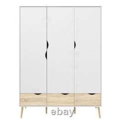 Large Wardrobe White & Oak, 3 Doors & 3 Drawers, Modern Bedroom Storage