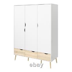 Large Wardrobe White & Oak, 3 Doors & 3 Drawers, Modern Bedroom Storage
