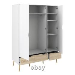 Large Wardrobe White & Oak, 3 Doors & 3 Drawers, Modern Bedroom Storage