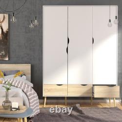 Large Wardrobe White & Oak, 3 Doors & 3 Drawers, Modern Bedroom Storage