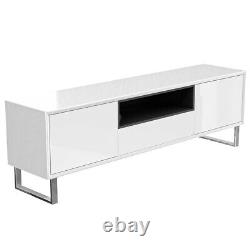 Large White High Gloss TV Unit 2 Doors Drawer Grey Shelf Shiny Legs Modern Stand