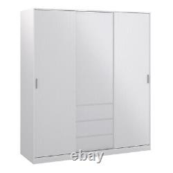 Large White High Gloss Wardrobe 2 Sliding Doors 3 Drawers Hanging Clothes Rail