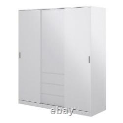 Large White High Gloss Wardrobe 2 Sliding Doors 3 Drawers Hanging Clothes Rail