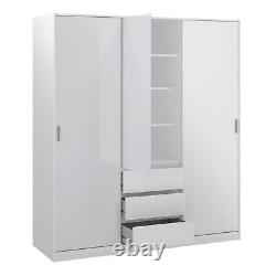 Large White High Gloss Wardrobe 2 Sliding Doors 3 Drawers Hanging Clothes Rail