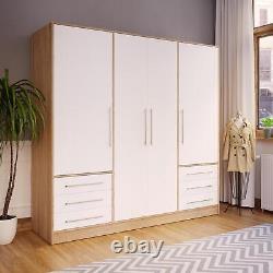Large White Wardrobe. Oak Frame. 6 Drawers, 4 Doors with Shelves, Hanging, Drawers