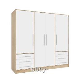 Large White Wardrobe. Oak Frame. 6 Drawers, 4 Doors with Shelves, Hanging, Drawers