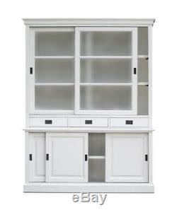 Large White Wood Bookcase Dresser with Sliding Glass Doors Cupboards and Drawers