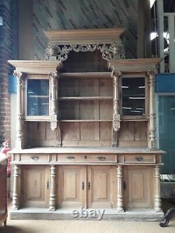 Large antique carved striped pine part glazed dresser cupboard