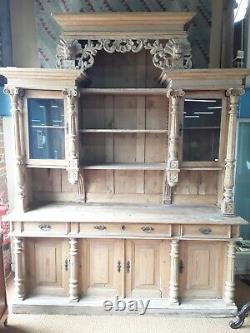 Large antique carved striped pine part glazed dresser cupboard