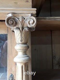 Large antique carved striped pine part glazed dresser cupboard