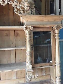 Large antique carved striped pine part glazed dresser cupboard