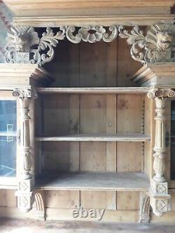 Large antique carved striped pine part glazed dresser cupboard