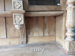 Large antique carved striped pine part glazed dresser cupboard