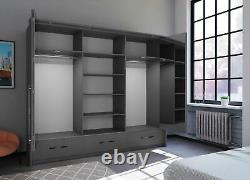 Large bedroom set MONA mirrored 256cm wardrobe chest 2 bedsides GRAPHITE MATT