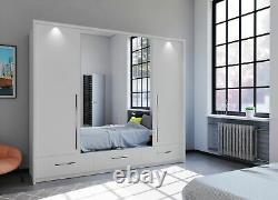 Large bedroom set MONA mirrored 256cm wardrobe chest 2 bedsides WHITE MATT