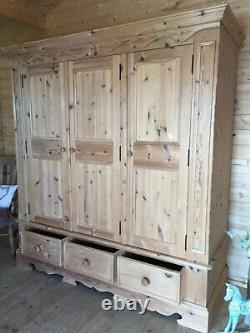 Large farmhouse rustic solid pine triple wardrobe with drawers 3 door wardrobe