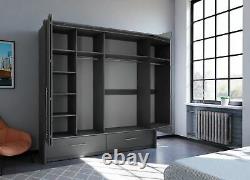 Large mirrored 210cm wardrobe MONA bi-folding 4 door 2 drawers GRAPHITE MATT