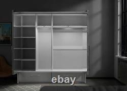 Large mirrored 210cm wardrobe MONA bi-folding 4 door 2 drawers WHITE MATT