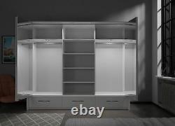 Large mirrored 256cm wardrobe MONA bi-folding 4 door 3 drawers WHITE MATT