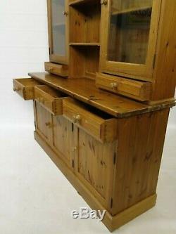 Large pine kitchen dresser with glazed top over 3 drawer 3 door base #2348