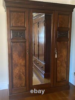 Large walnut & mahogany triple door mirrored wardrobe inc deep drawers