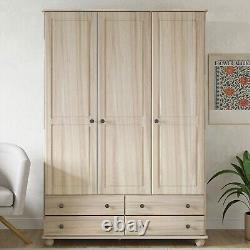 Light Wood with White Wash 3 Door Triple Wardrobe with Drawers Hampton HPT003