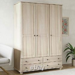 Light Wood with White Wash 3 Door Triple Wardrobe with Drawers Hampton HPT003